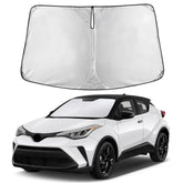 EcoNour front view sunshade fitted to Toyota CHR windshield showing exact fit and coverage benefits