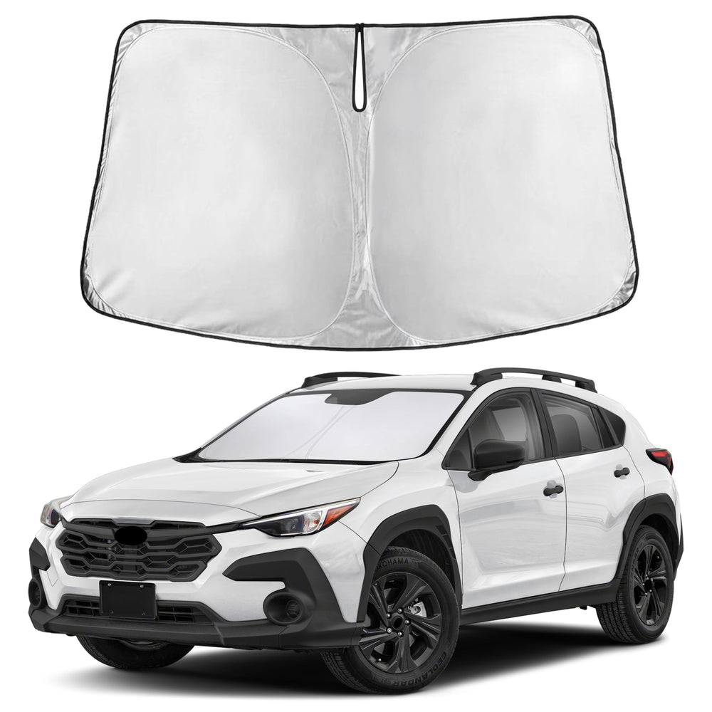 EcoNour front view of sunshade showing exact Crosstrek fit and cabin protection