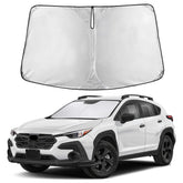 EcoNour front view of sunshade showing exact Crosstrek fit and cabin protection