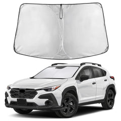 EcoNour front view of sunshade showing exact Crosstrek fit and cabin protection