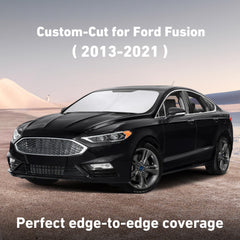 EcoNour full-coverage sunshade laid across a Fusion windshield protecting interior