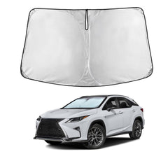 EcoNour front view sunshade fitted in Lexus RX showing full windshield coverage and cooler cabin