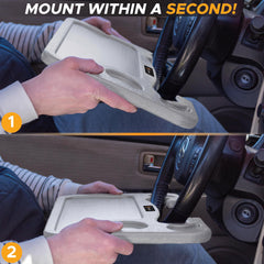EcoNour tray mounted on a steering wheel for quick setup convenience