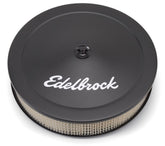 Edelbrock front view of 14-inch black Pro-Flo air cleaner, tidy engine-bay upgrade