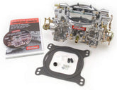 Edelbrock 1405 front view showing polished aluminum body and 4-barrel layout, improving street performance