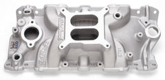Edelbrock 2701 front view showing ports and finish, boosting midrange power