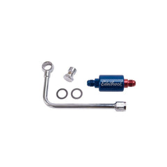 Edelbrock chrome fuel line front view shows clean plumbing and easy fitment