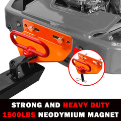 EilxMag hitch mounted on a zero-turn mower demonstrating quick attachment