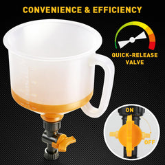 ELEAD flexible funnel and hose in use reaching tight filler necks