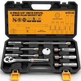 ELEAD front packaging showing full 8-piece spark plug socket kit and case, clear organization