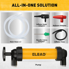 ELEAD inflator hose needle and balloon adapters displayed for multi-use