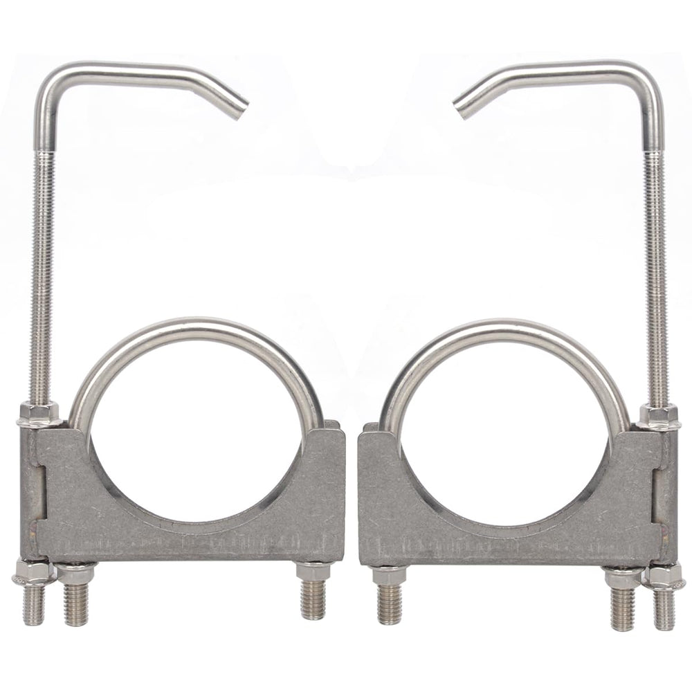 eLifecenter front view of 4 inch exhaust clamp pair showing durable stainless finish and nuts