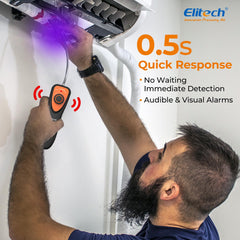 Elitech CLD-100 control panel closeup showing sensitivity dial and alarm LEDs for quick readings
