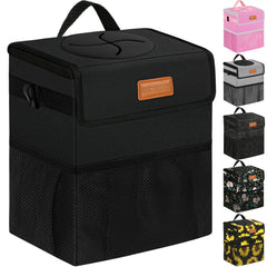 ELONGRIVER front view of large black car trash can showing tidy design and lid benefit