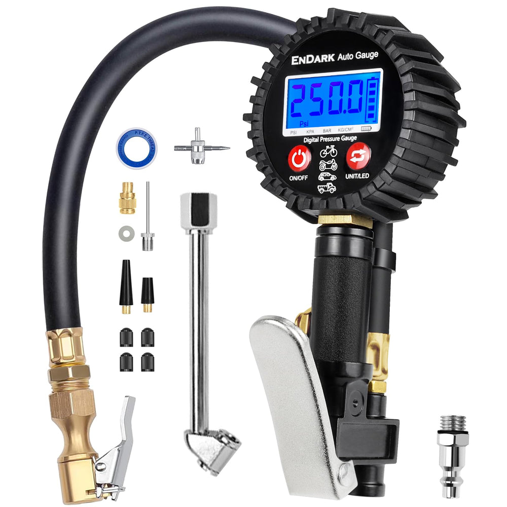 ENDARK front view of digital inflator showing controls and gauge, durable design benefit
