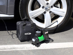 EPAuto inflator connected to a car tire demonstrating quick roadside inflation benefit