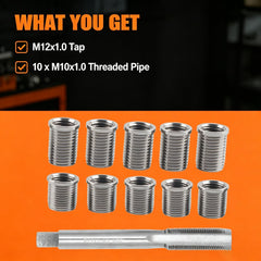 Espusta M12×1.0 tap beside an M10×1.0 insert for correct sizing benefit
