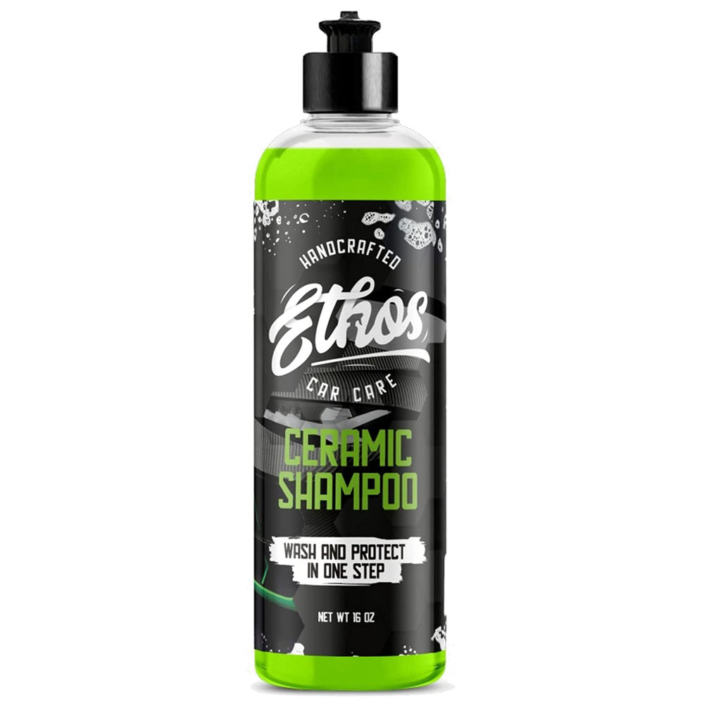 Ethos Handcrafted Car Care front label showing product benefits and usage
