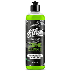 Ethos Handcrafted Car Care front label showing product benefits and usage