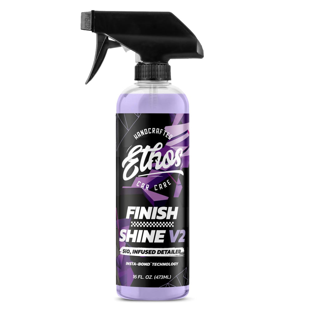 Ethos Handcrafted Car Care finish shine bottle front label showing product identity and clarity