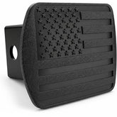eVerHITCH front view of black flag hitch cover shows patriotic styling and receiver protection