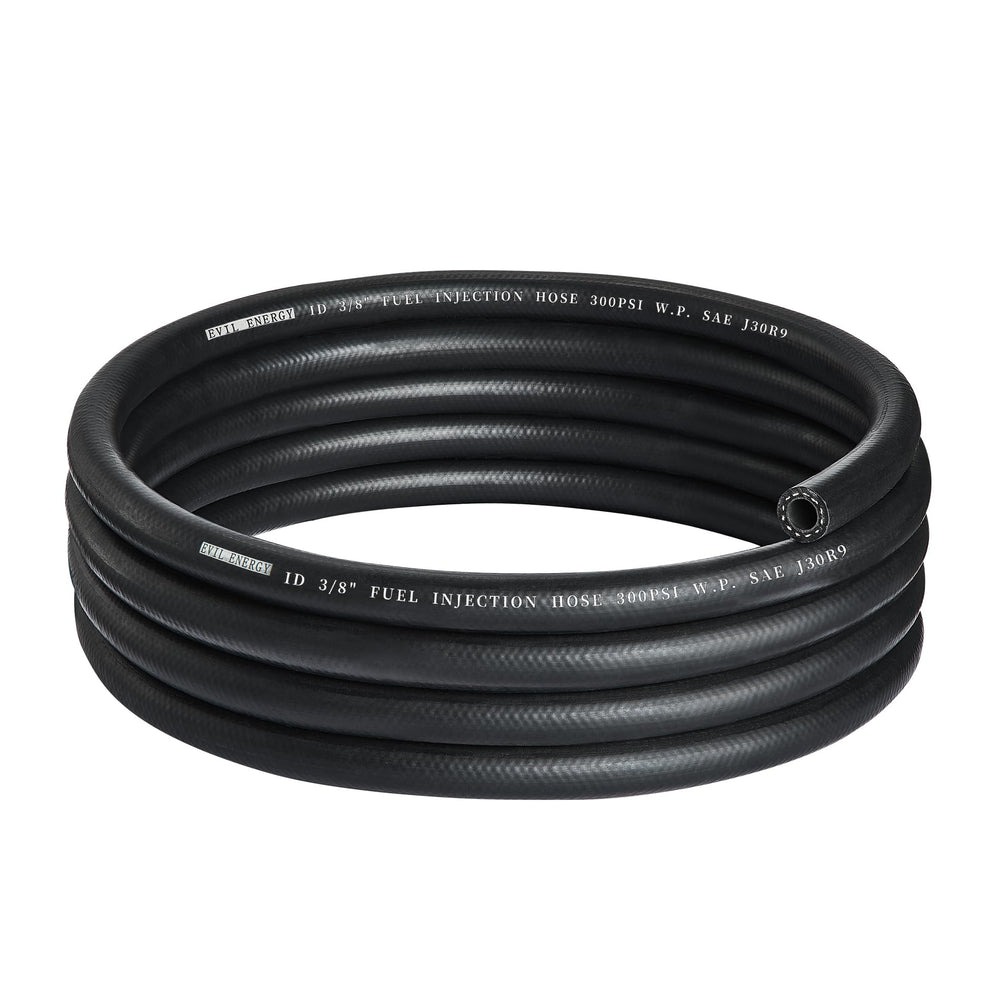 EVIL ENERGY front view of 3/8 fuel hose showing length and label, reliable performance