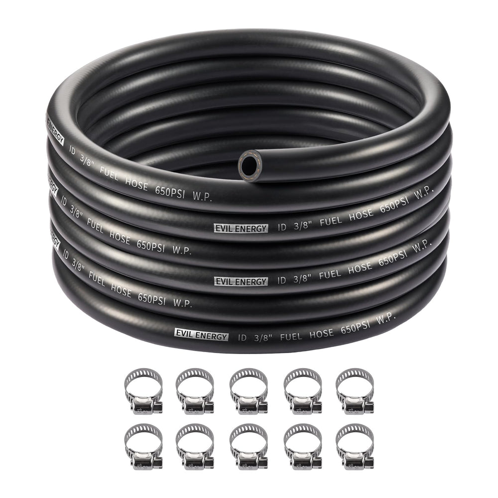 EVIL ENERGY front packaging coil showing 20ft hose and clamps for easy install