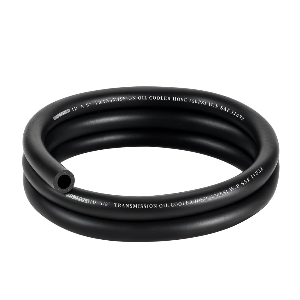 EVIL ENERGY front view of coiled transmission hose showing labeling and length benefit