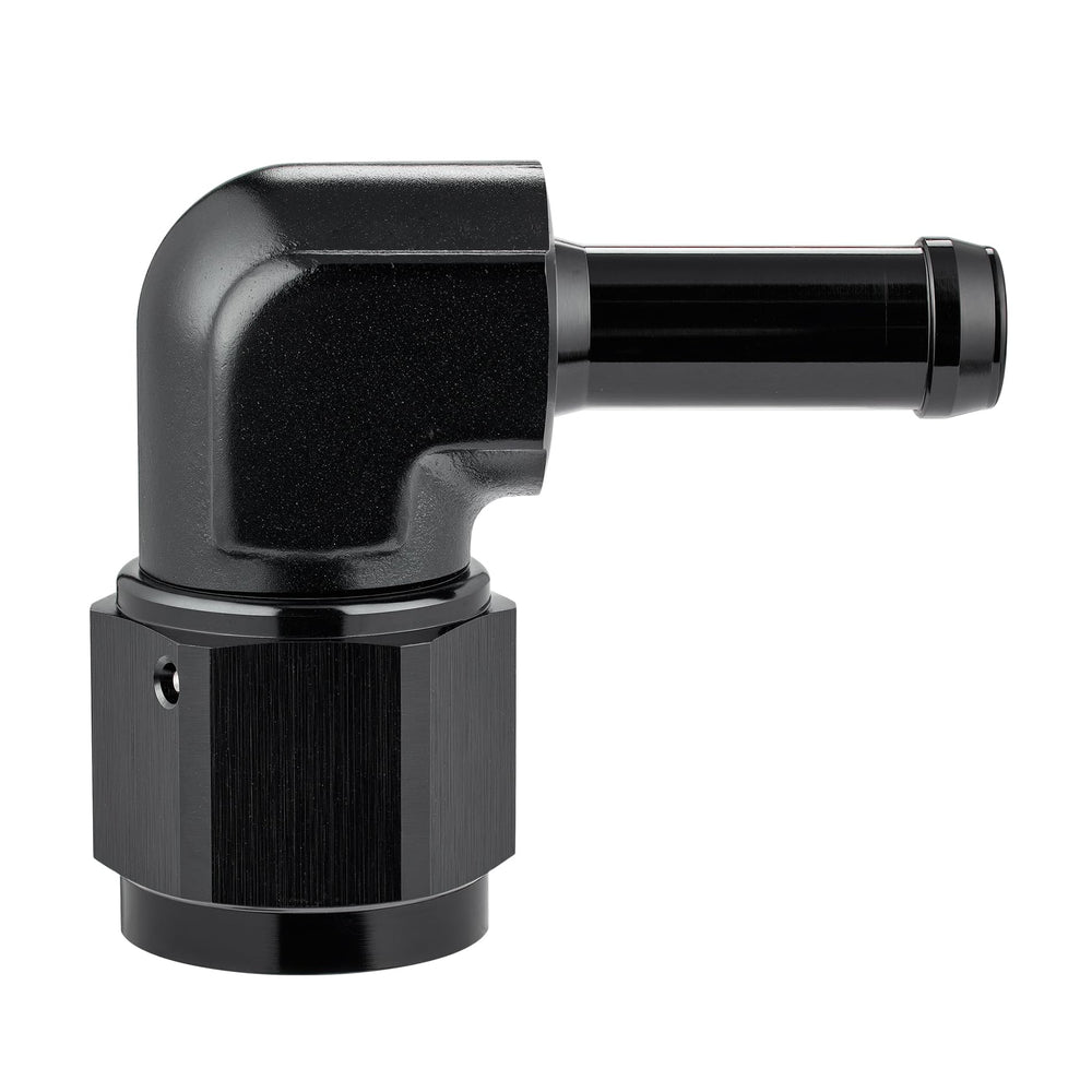 EVIL ENERGY front view showing 8AN female to 3/8" barb 90° swivel, compact routing benefit