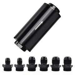 EVIL ENERGY front view of aluminum inline fuel filter showing compact can and fittings for easy installation