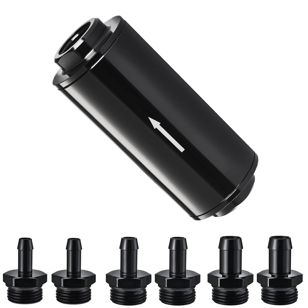 EVIL ENERGY front view of inline fuel filter showing compact aluminum body and flow arrow benefit