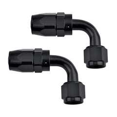 EVIL ENERGY front view of 8AN 90° fittings showing shape and finish, highlights durability