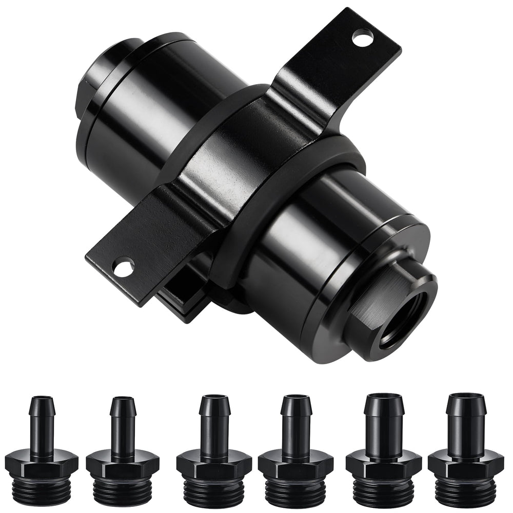 EVIL ENERGY front view inline fuel filter showing compact design and mounting bracket benefit