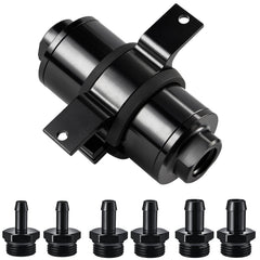 EVIL ENERGY front view inline fuel filter showing compact design and mounting bracket benefit