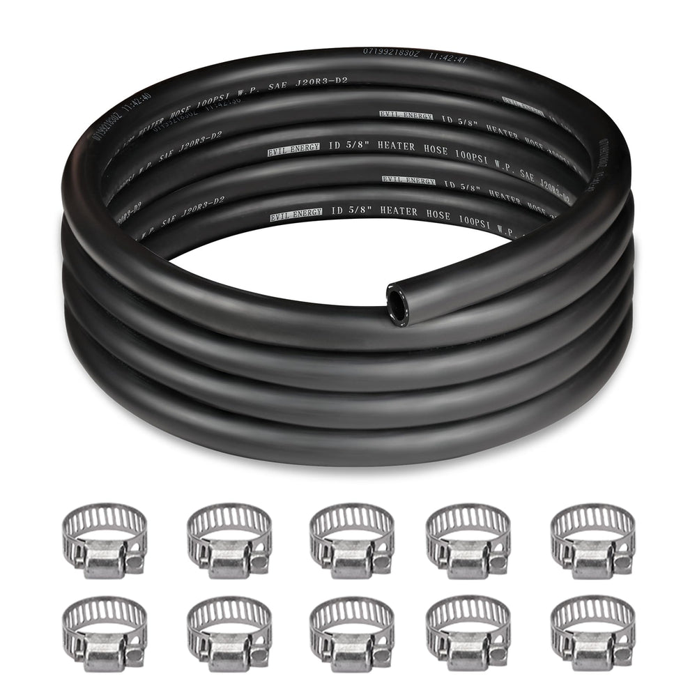 EVIL ENERGY front view of 10ft heater hose kit showing included clamps and packaging for quick install