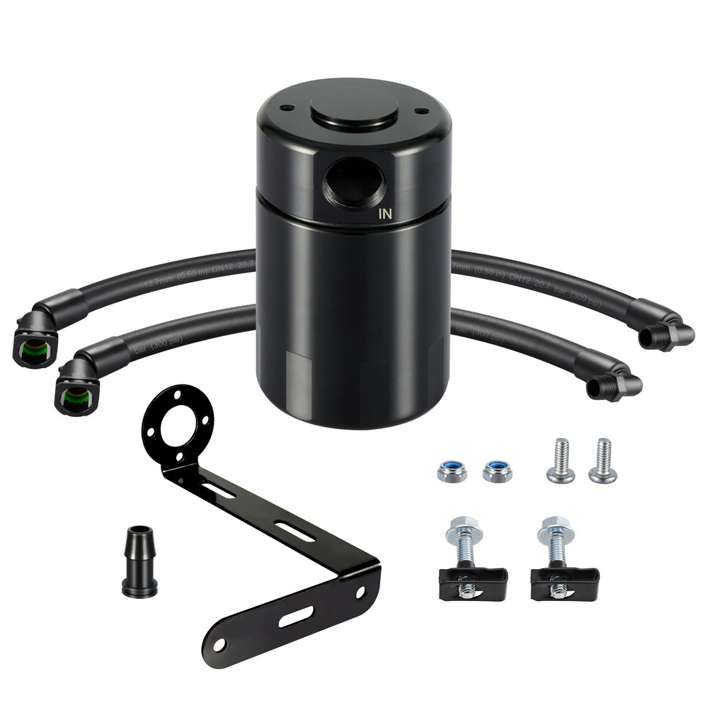 EVIL ENERGY oil catch can front view showing compact anodized finish and mounting bracket benefit: neat engine bay
