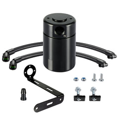 EVIL ENERGY oil catch can front view showing compact anodized finish and mounting bracket benefit: neat engine bay