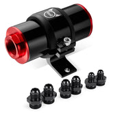 EVIL ENERGY front view of red 50mm inline fuel filter showing ports and finish, durable build benefit