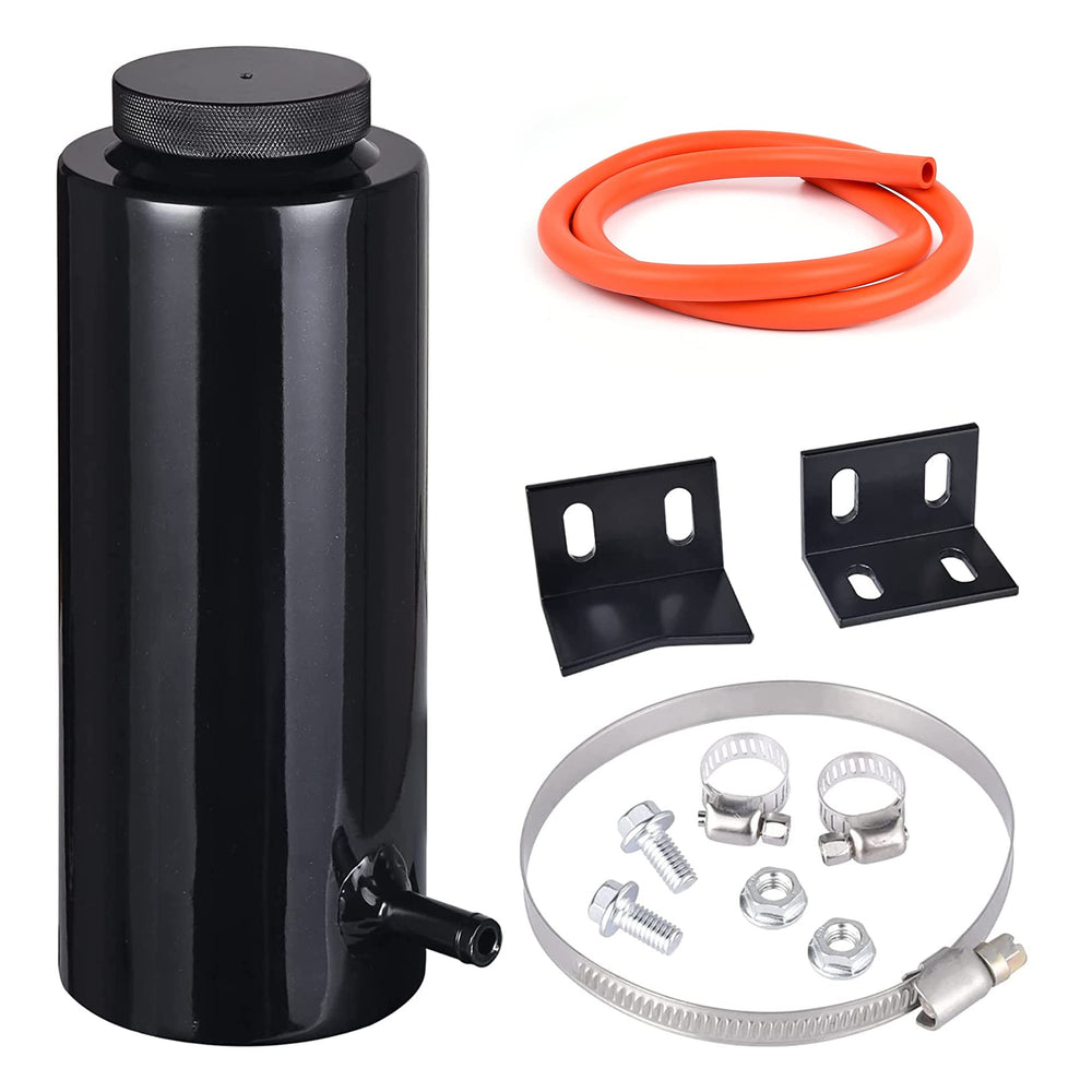 EVIL ENERGY front view of black aluminum overflow tank showing shape and mounting benefit