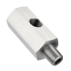 EVIL ENERGY tee adapter front view showing compact stainless steel body and ports for durable installation
