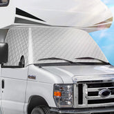 EXCELFU front view installed on Ford E450 showing full windshield protection and cooling benefit
