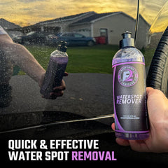 ExoForma being sprayed on car paint close-up, dissolving mineral spots quickly