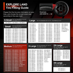 Explore Land tire cover installed on RV spare protecting from sun and rain