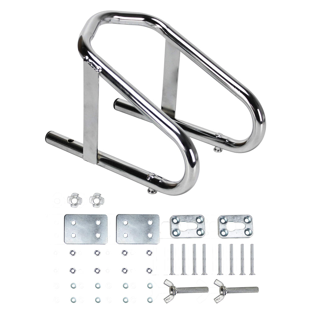 Extreme Max front view of wheel chock showing chrome finish and stable hold