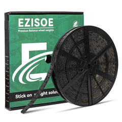 EZISOE front pack of 715 black stick-on wheel weights showing bulk quantity and labeling for convenience