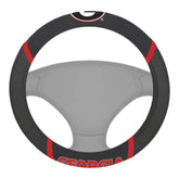 FANMATS steering wheel cover front view showing Georgia Bulldogs logo and fit benefit