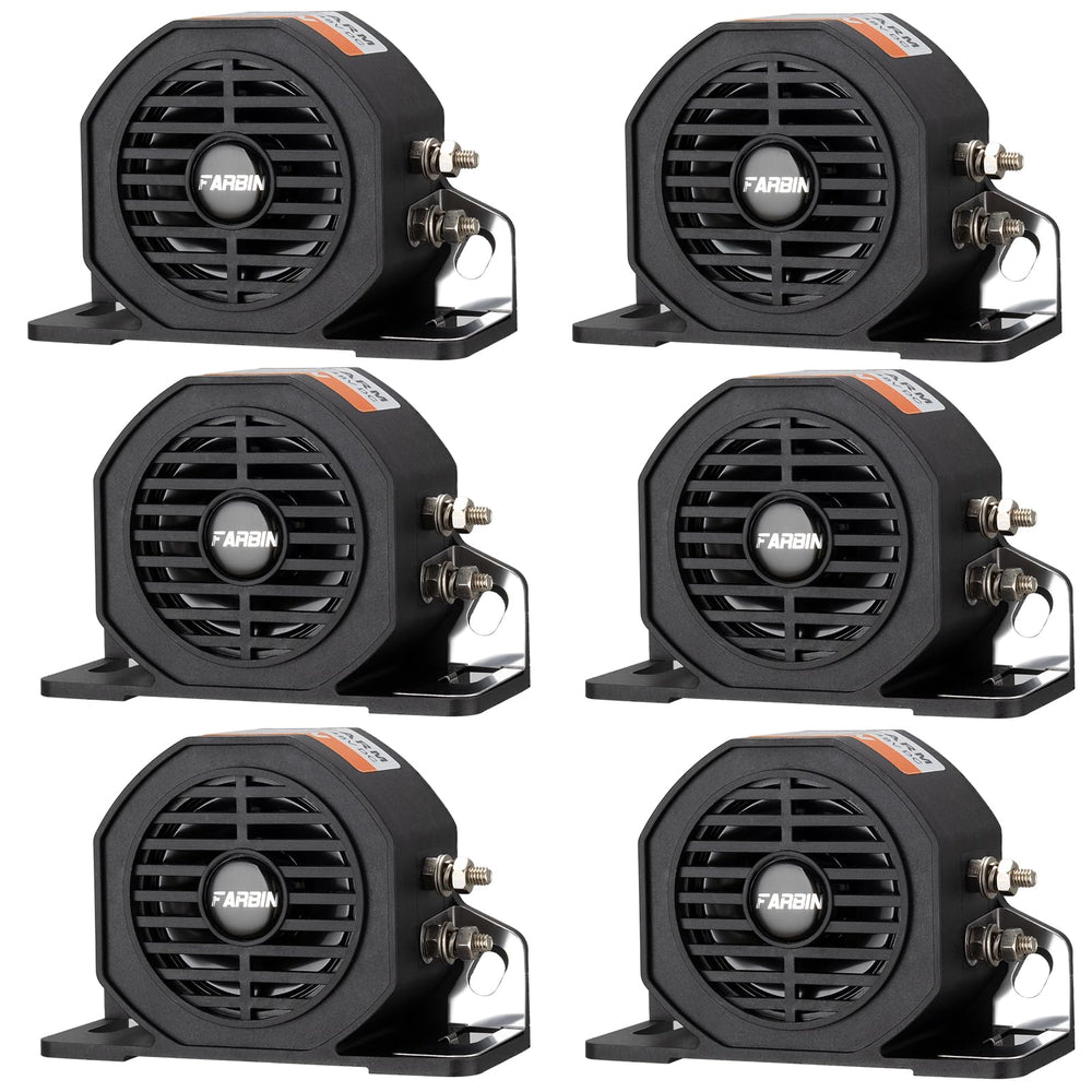 FARBIN front view showing compact backup alarm and high-decibel output benefit
