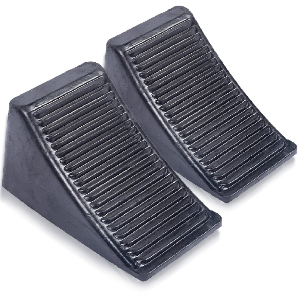 Fasmov front view of two chocks showing compact durable design and ready storage benefit