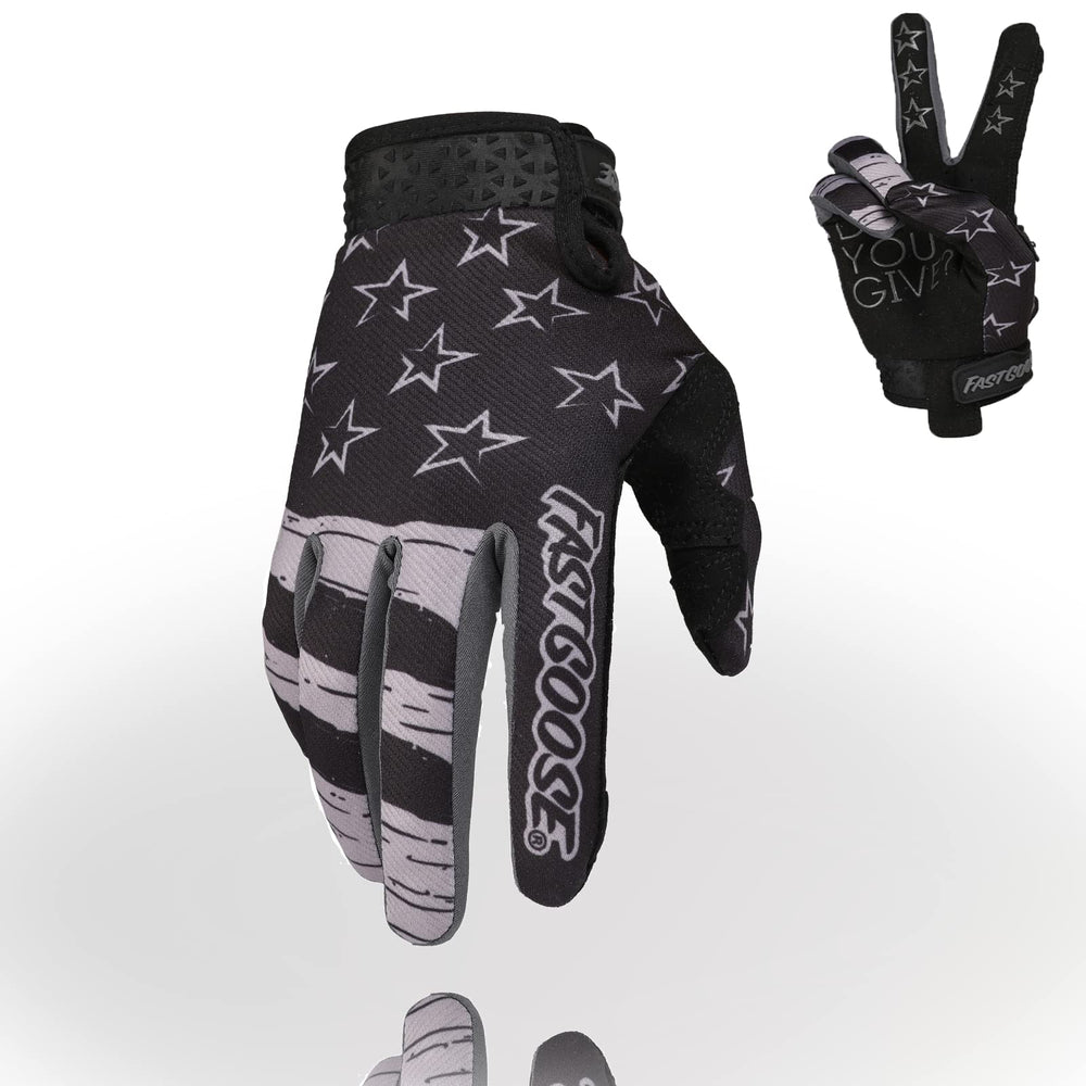FASTGOOSE front view of glove showing fit and classic black-gray design for versatile riding