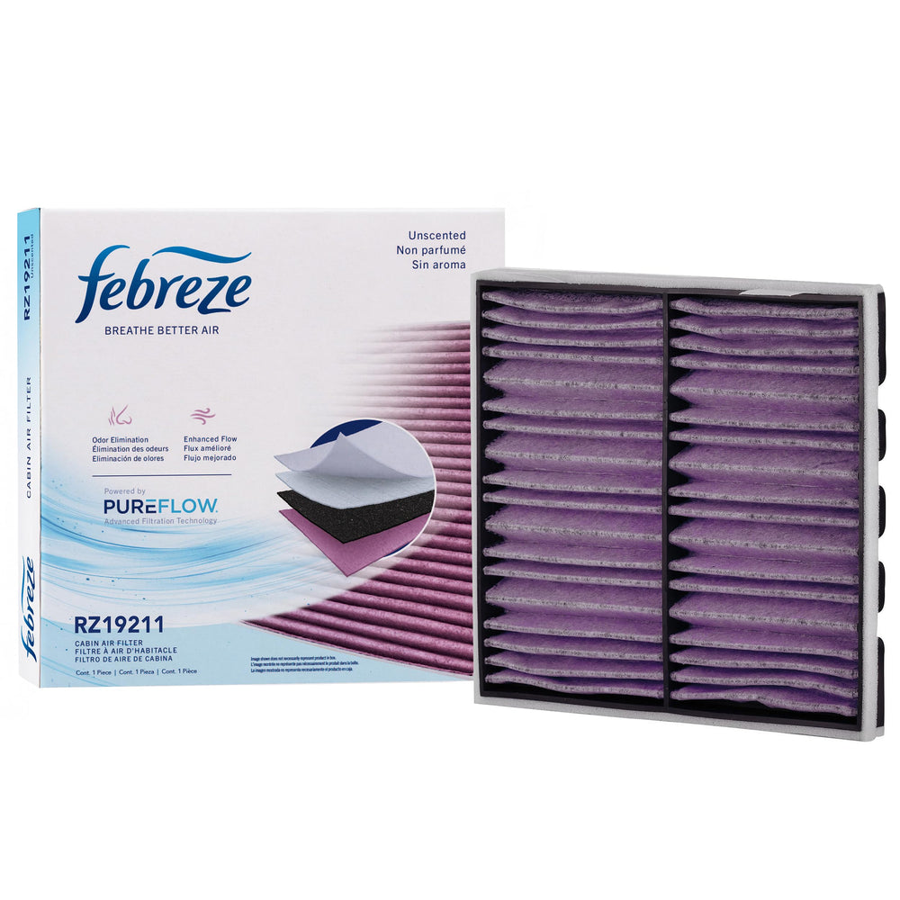 Febreze unscented cabin filter front packaging showing product brand and model benefits